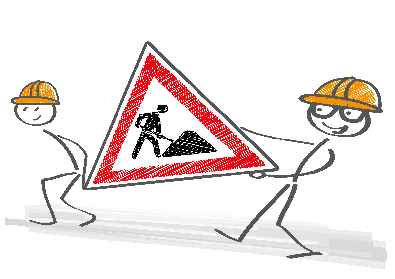Aufstellen eines Baustellenschilds durch zwei Arbeiter